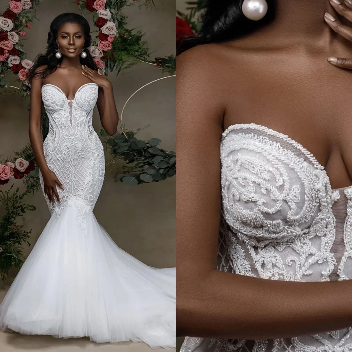 

Simple Mermaid Wedding Dresses For Women Sweetheart Neck Sleeveless Bridal Gown Lace Sweep Train Customized Dress Party