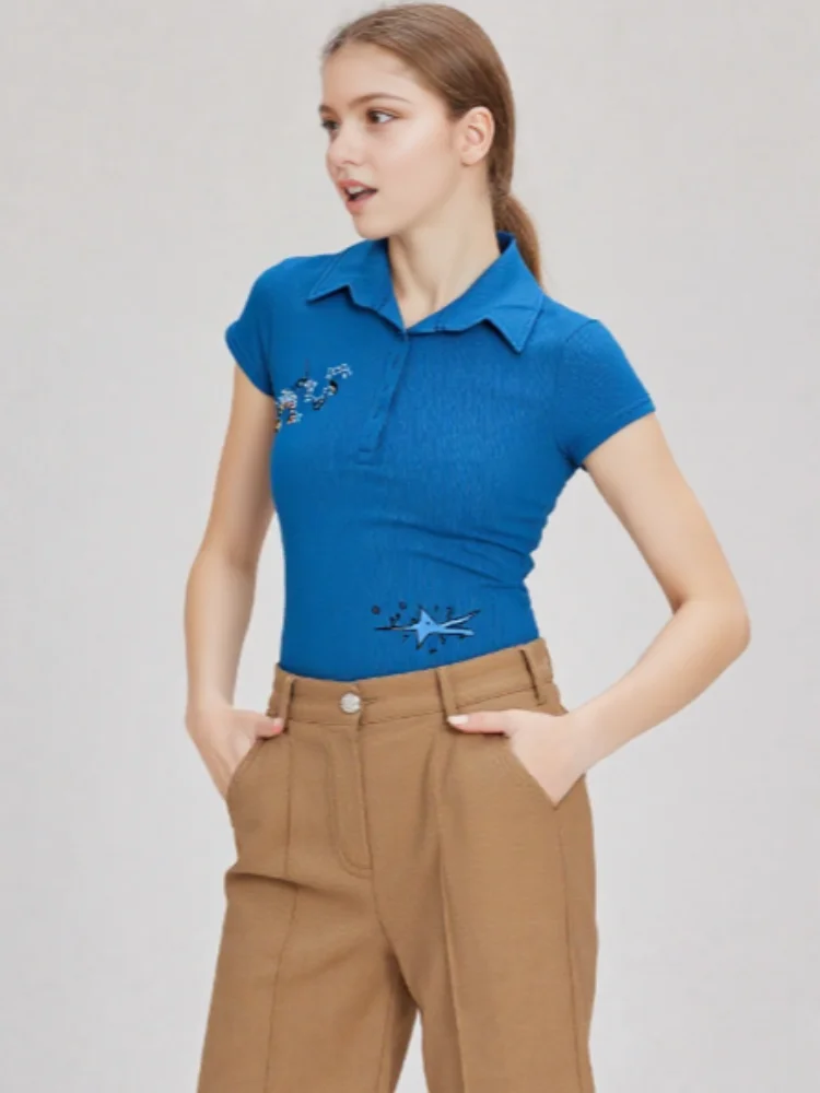 

Summer casual blue cartoon printed women's polo shirt American retro trend women's tops Millennium style