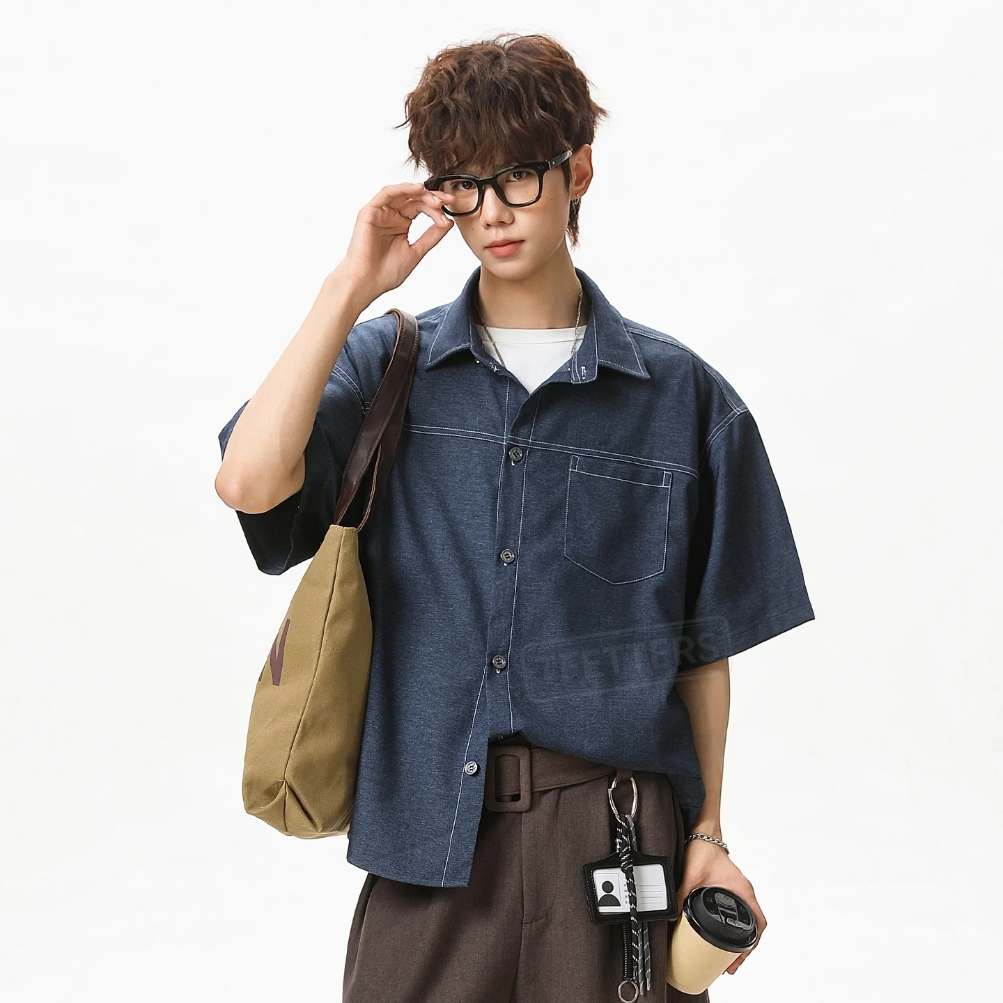 TFETTERS 20260 Light Retro Faux Denim Shirt Men summer Contrast Stitching Preppy Style Breathable Loose cargo shirt for man
