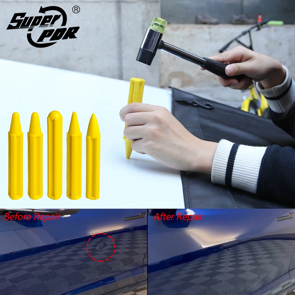 Super PDR 5Pcs Knock Down Tap Down Tools Paintless Dent Repair Tool Yellow Nylon Pen Dent Removal Kits Knockdown Kits Hand Tool