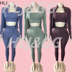 HLJ High Quality Women Stretchy Long Sleeve Top+Bra Vest+Leggings Pants 3 Piece Sets Autumn New Casual Solid Sporty Yoga Outfits