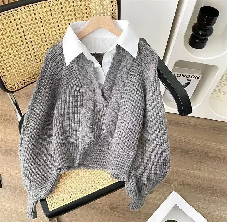 

Winter Fashion New Women's Sweater Elegant Design Sense High end Fake Two piece Thick Warm Knitted Hoodie