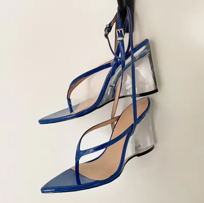 

Women Blue Patent Leather Clear Wedge Sandals Pointed Toe Thong Ankle Strap Summer Beach Casual Party Fashion Elegant Sandals