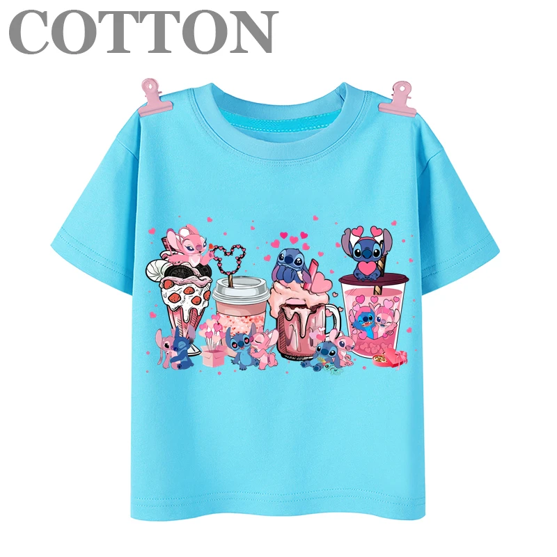 Disney Stitch Anime Summer Multiple Fashion Cotton Children\'s T-shirts Round Neck Casual Short Sleeve Print Pattern