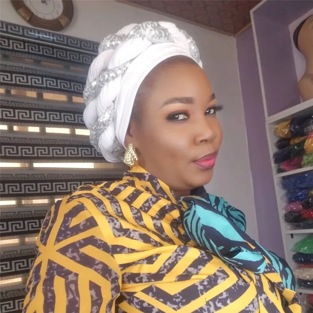 

2025 модный африканский головной убор Auto Gele с блестками и косами, женский тюрбан, мусульманский платок, капот, готовый к ношению, хиджаб, свадебная шляпа