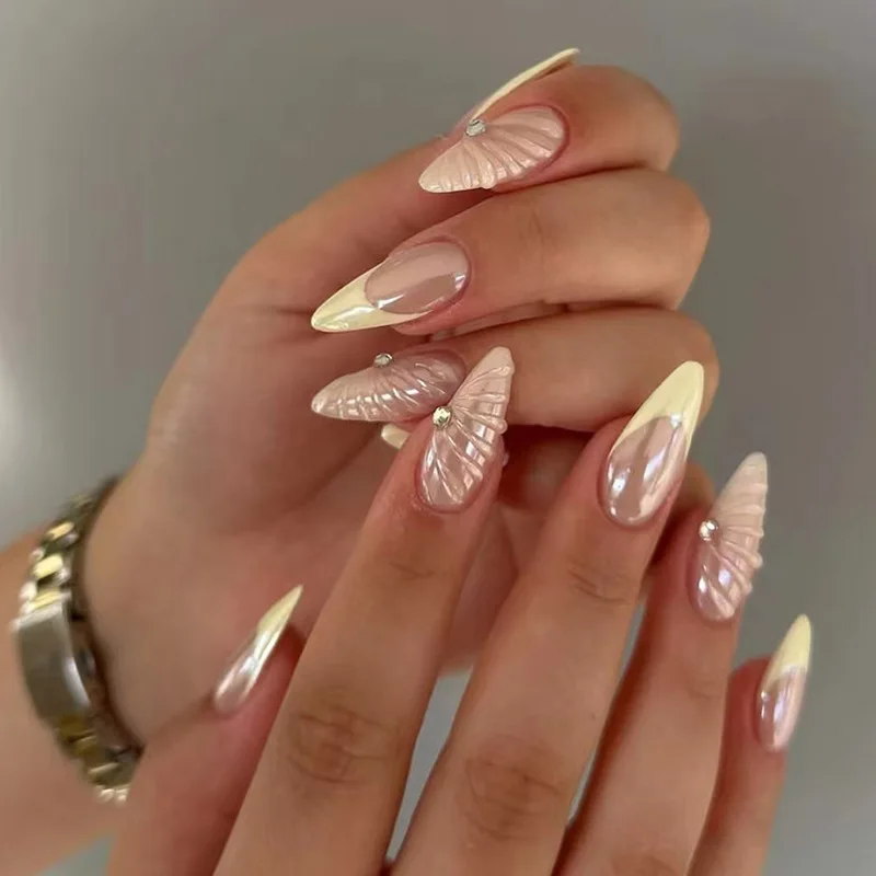 

24pcs Yellow French False Nails INS Simple 3D Shell Pearl Design Fake Nail Tips For Girls Women Fashion Almond Press On Nails