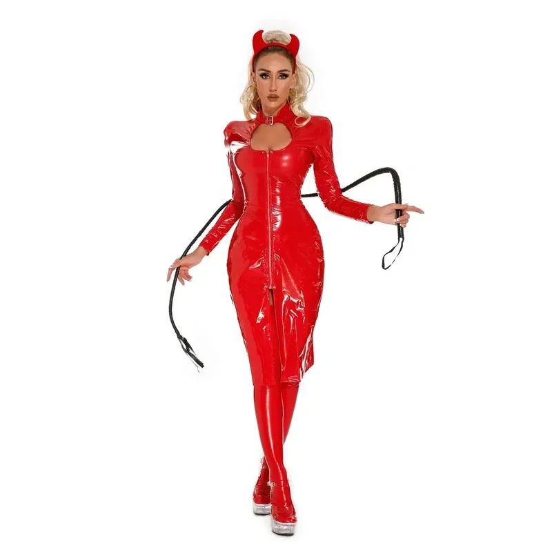 Women PVC leather dress zipper long coat for cosplay devil Witch Queen nightclub clubwear sexy Halloween costume