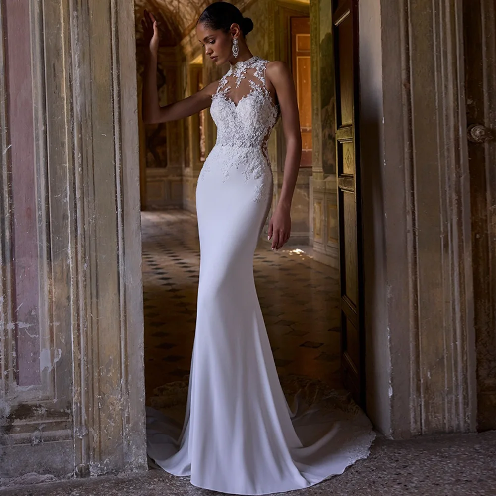 Modern Backless Mermaid Customized Bridal Gowns High Collar Wedding Dress with Shawl Luxury Appliques Jersey