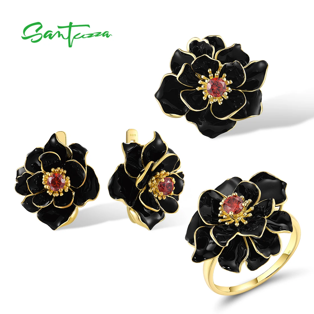 SANTUZZA 925 Sterling Silver Jewelry Set For Women White Black Enamel Lotus Flower Pendant Earrings Ring Delicate Fine Jewelry