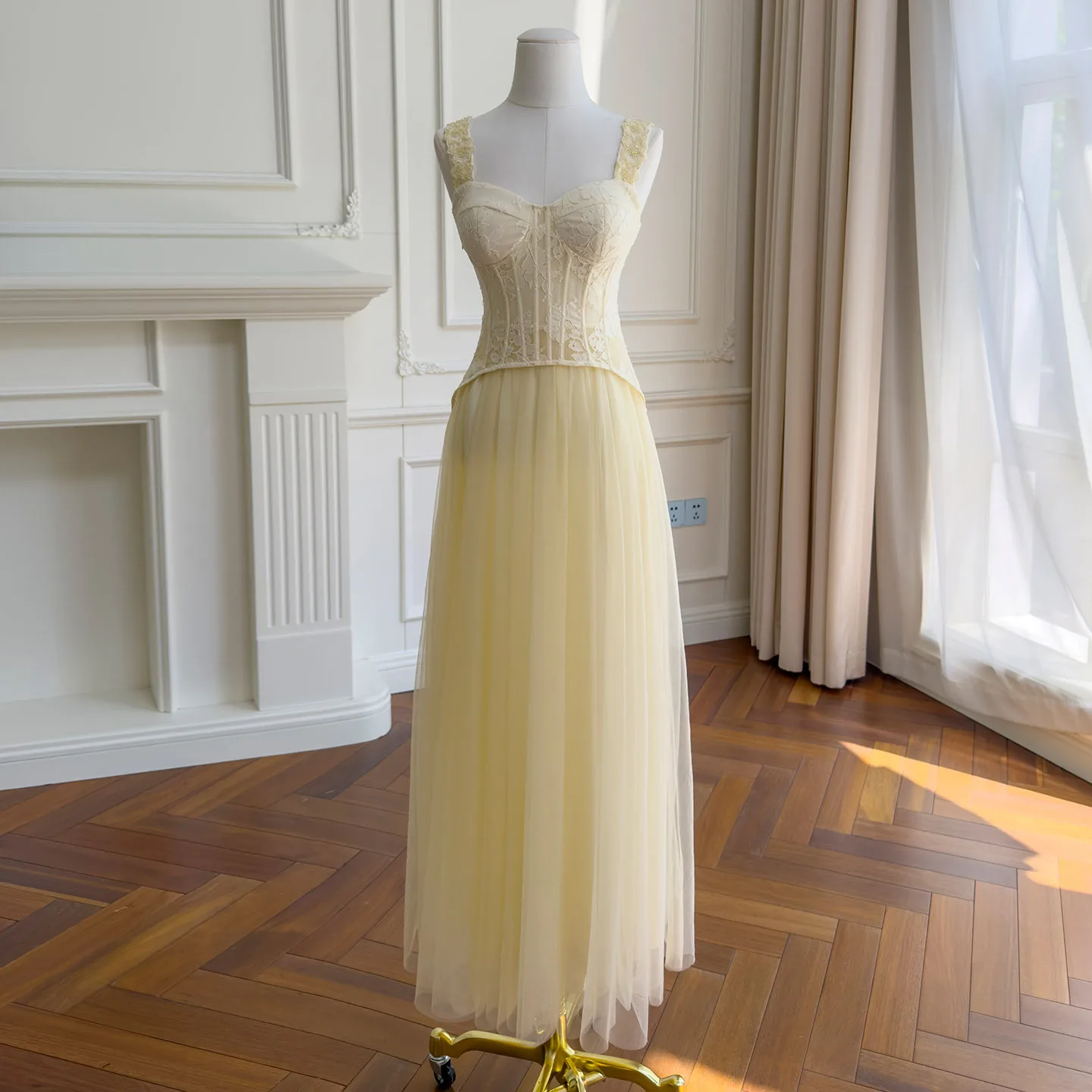 Champagne Yellow Bridesmaid Dress Lace Corset Top Tulle Long Skirt Spaghetti Straps Lace Up Back Fairy Evening Party Dress