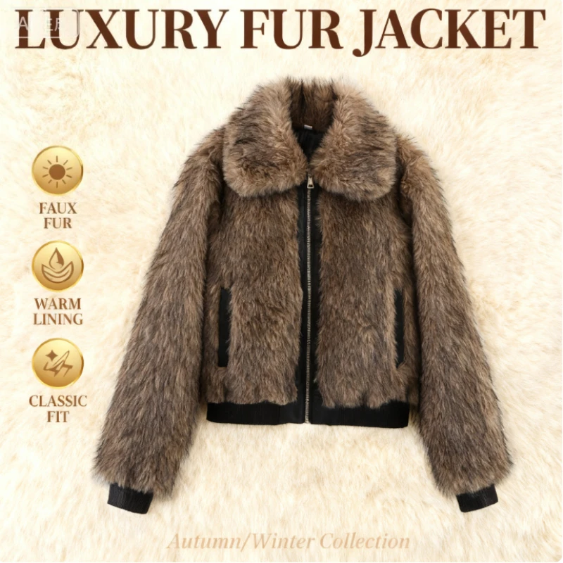 

Winter Warm Faux Fur Coat Women Chic Lapel Collar Cropped Jacket Luxury Highstreet Lady Daily Fashion 2025 New Zipper Outerwear