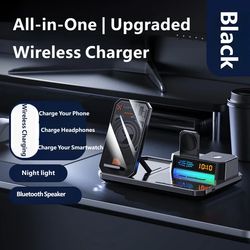3-in-1 Wireless Charger Station with Automatic Lift Dual-Coil LED Display for Phone Watch Earbuds Fast Charging Dock for Apple