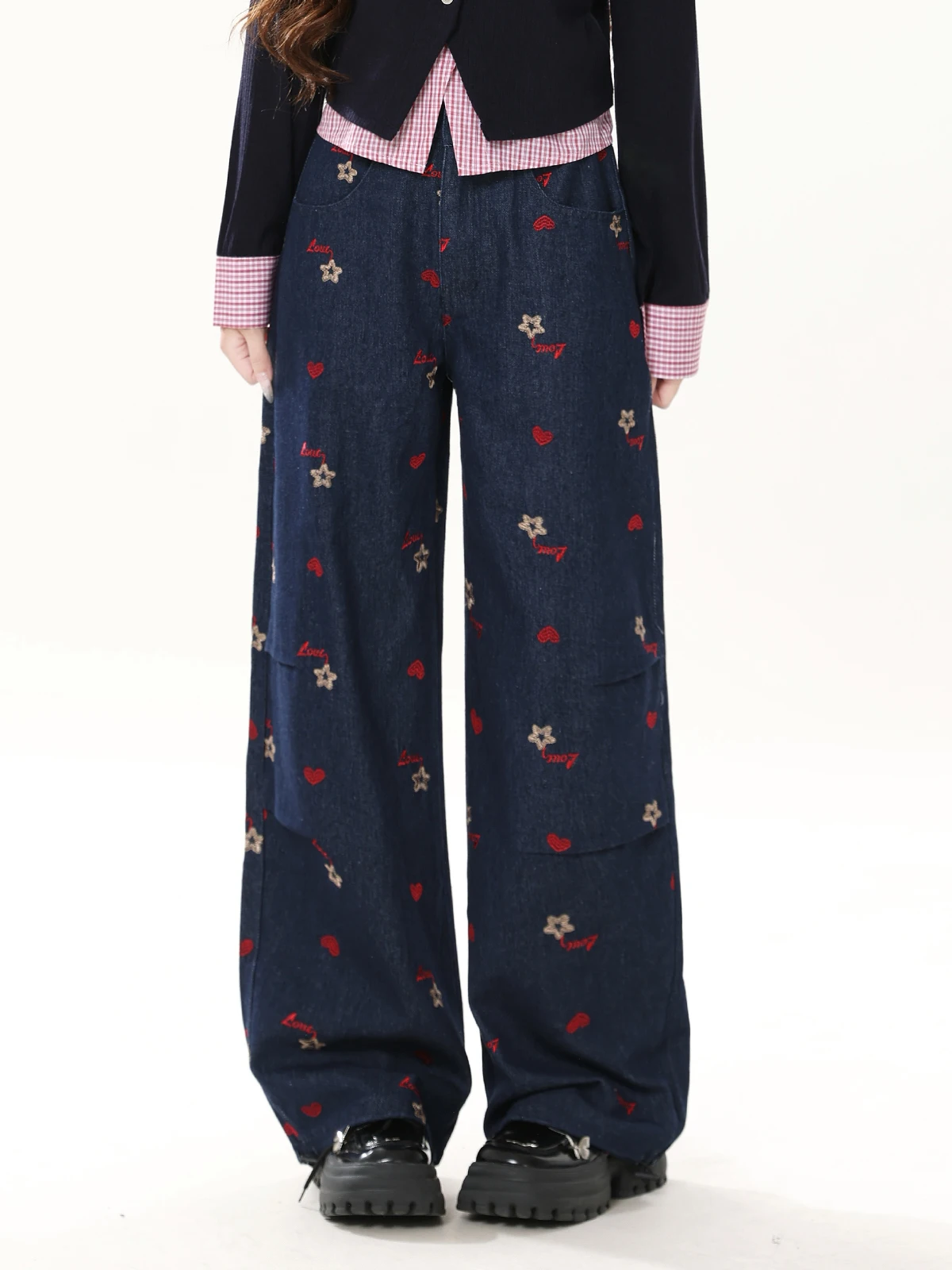 

Джинсы ENJOG American Sle с вышивкой в виде сердца, женские, весна-лето, новые, винтажные, свободные, повседневные, прямые, широкие брюки