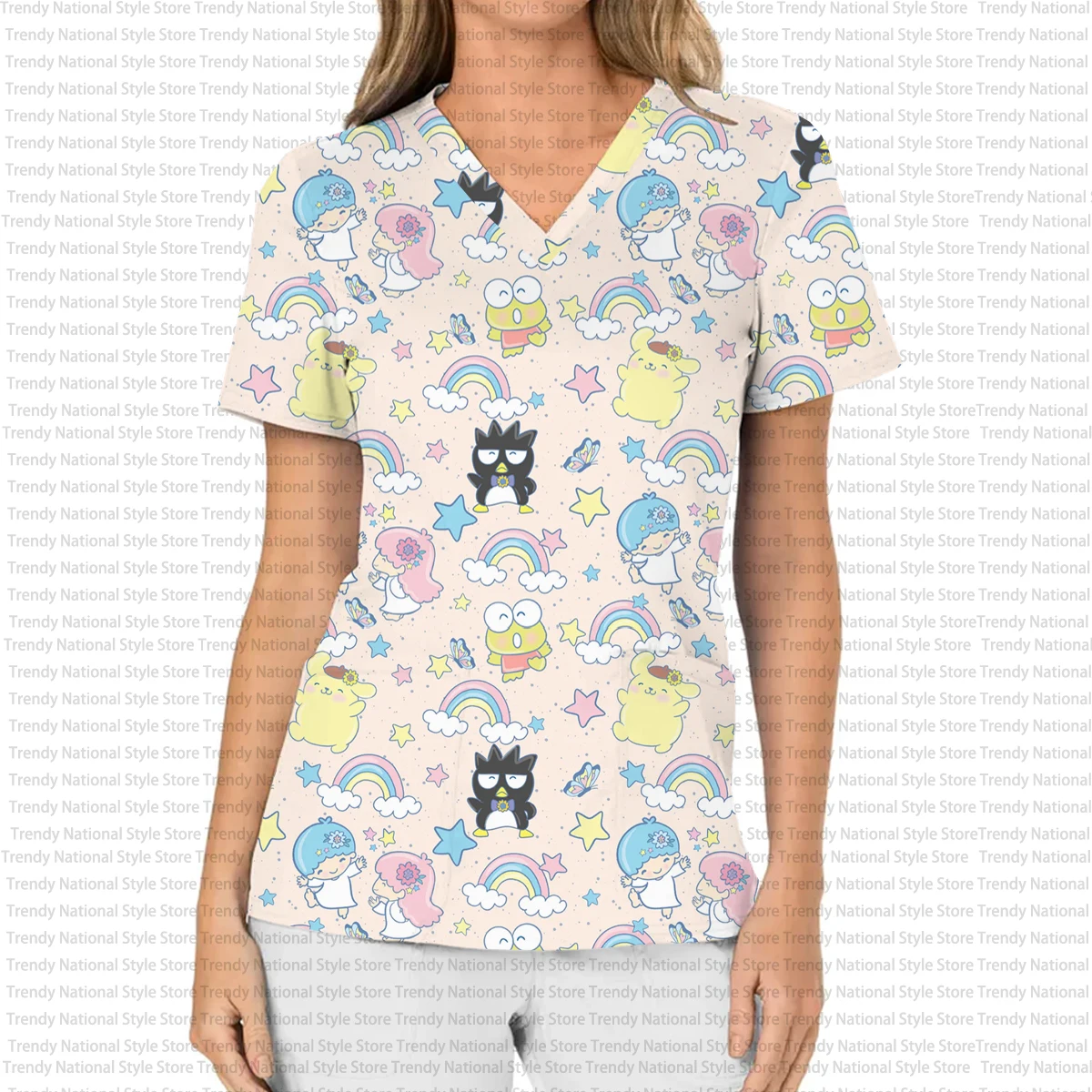 ファッション女性用作業服ファインマットトップ、ハローキティVネックポケットTシャツ、パーソナライズプリント入りビューティーサロンTシャツ