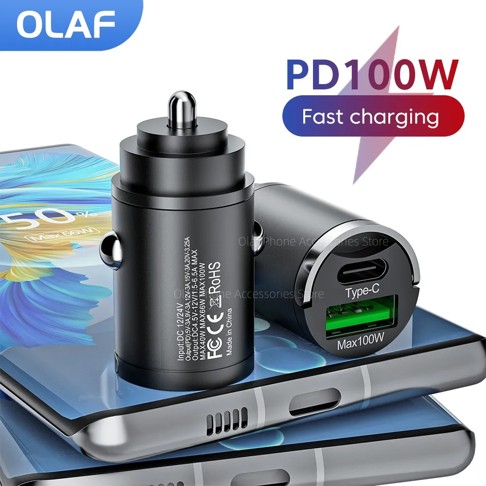 OLAF 100W QC3.0 PD Mini Car Charger Lighter Fast Charging Car USB Type C Charger For Xiaomi Samsung Huawei iPhone