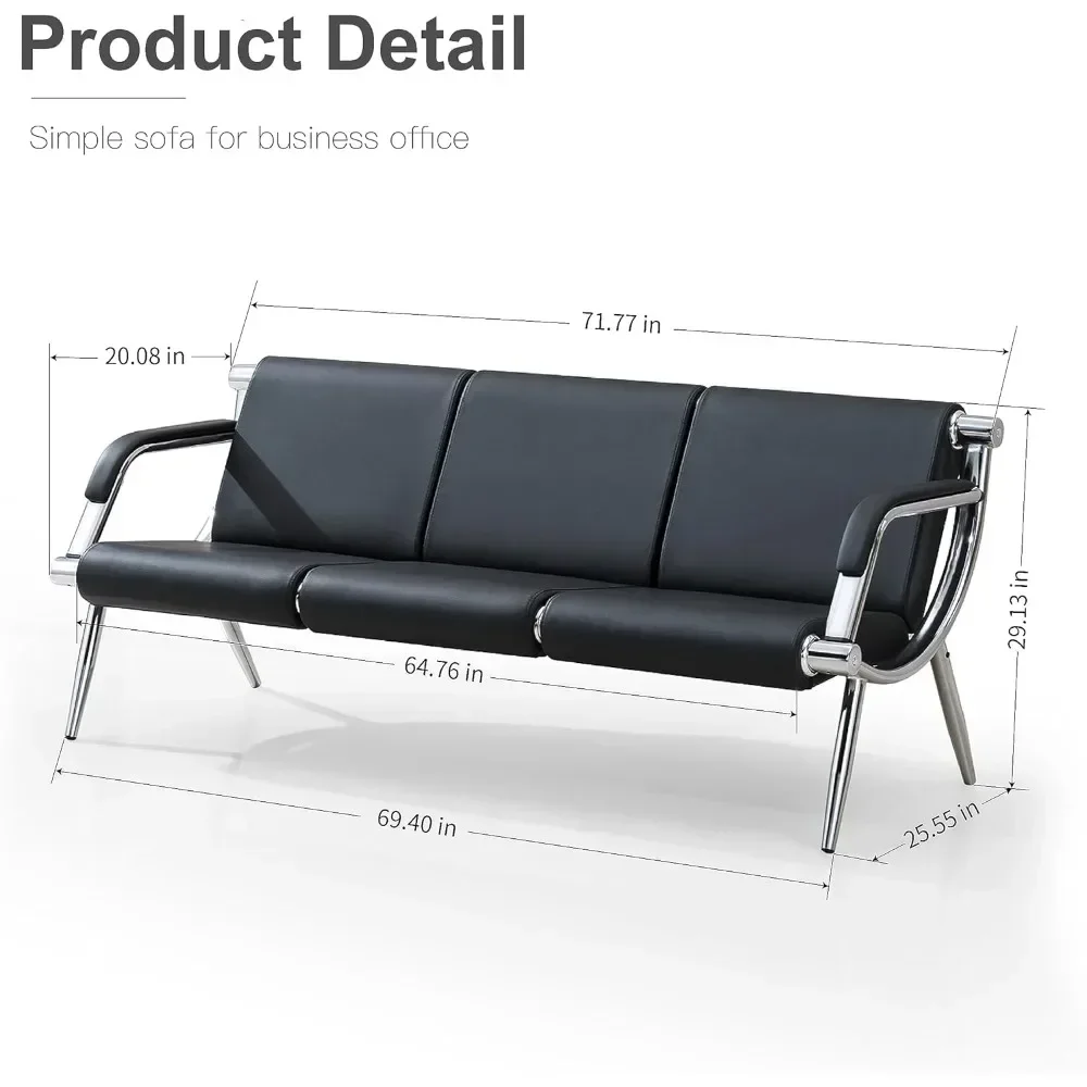 Waiting Room Bench with Fixed PU Leather Upholstered Armrests, Chair with Lumbar Support for Office, Library, Waiting Bench