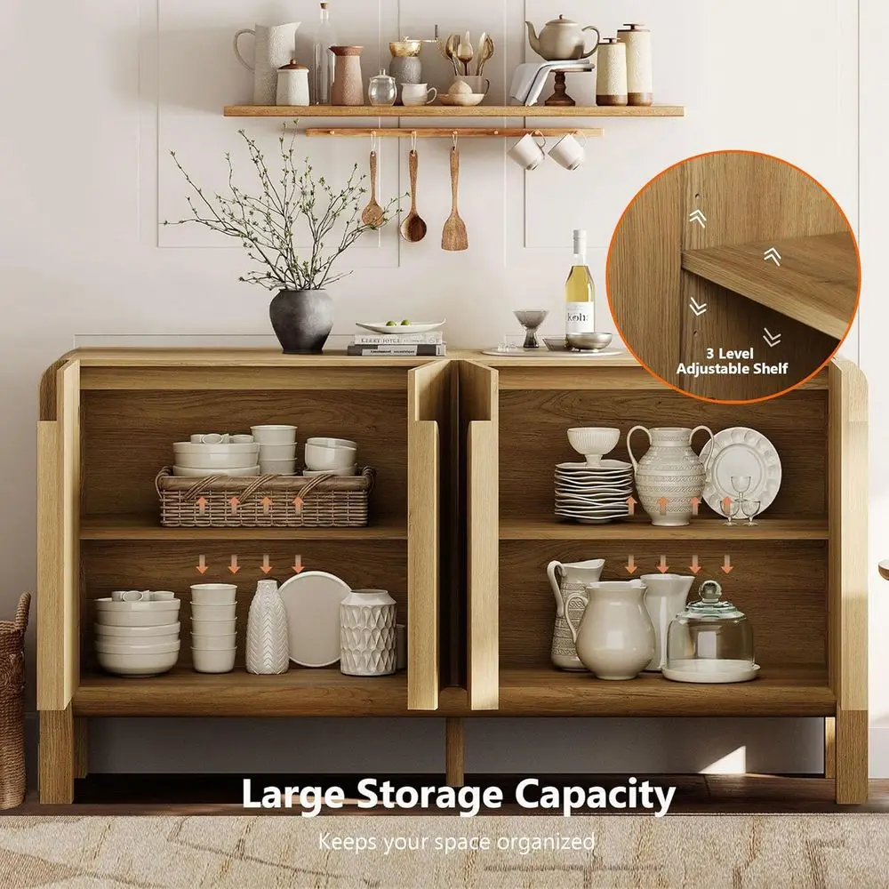 Large 63 Wide Walnut Curved Sideboard with Storage, Ideal for Dining & Living Rooms