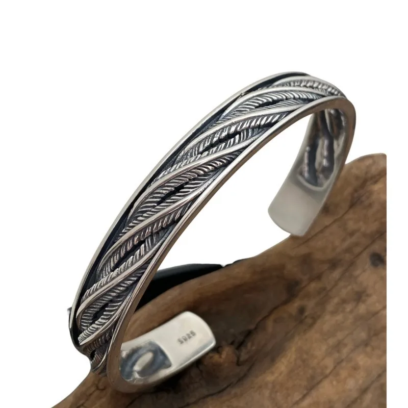 

VENTFILLE 100% Solid 925 Sterling Silver Retro Bracelet for Women Geometric Handmade Wide Fether Strip Bracelet Birthday Gift