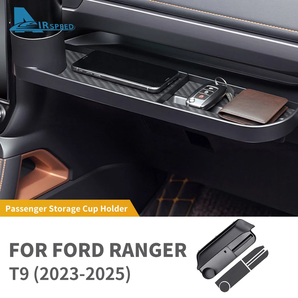 Co-pilot Storage Box ABS For Ford Ranger T9 2023 2024 2025 Water Cup Holder with Silicone Pat Carbon Texture Sticker Passenger