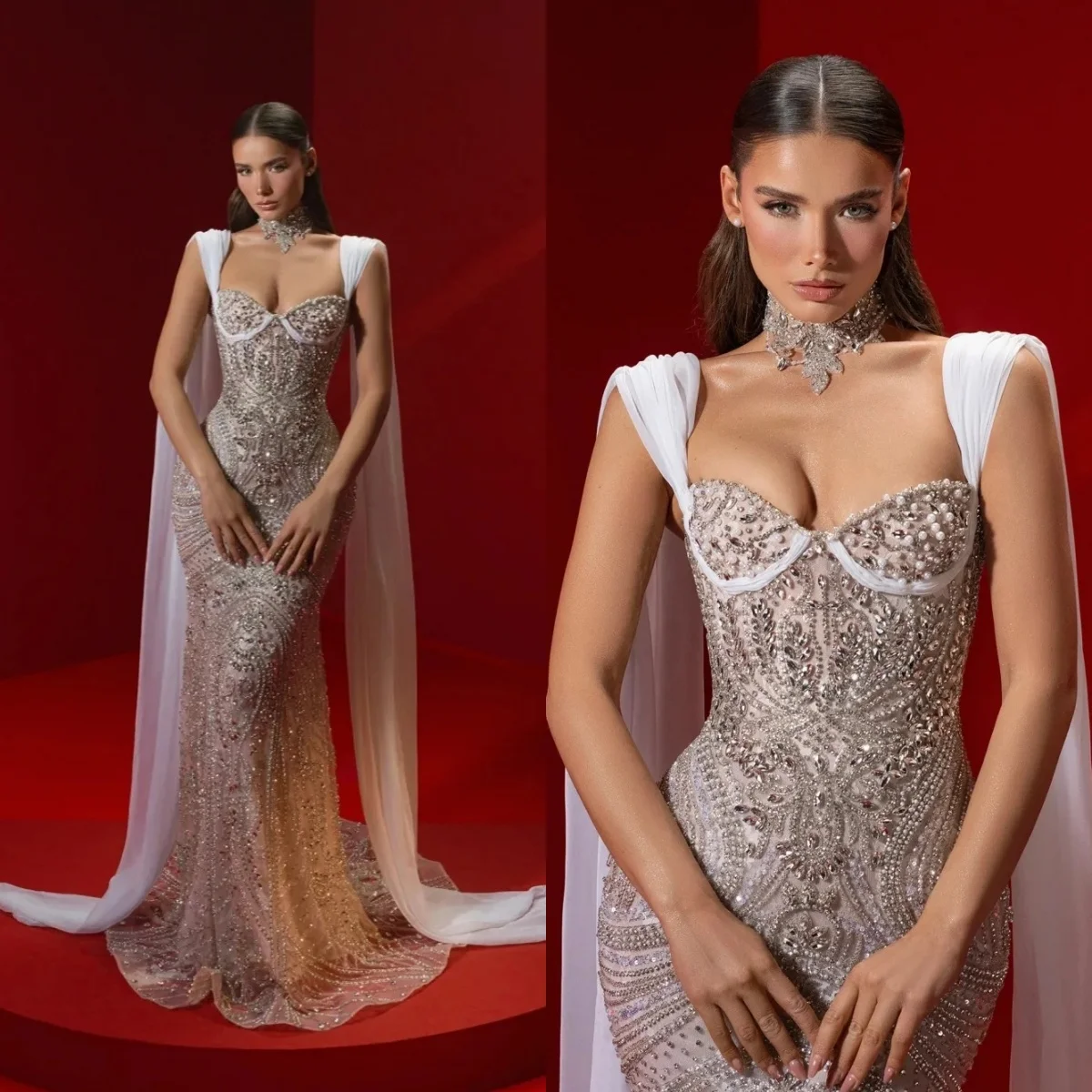 Exquisite Brautkleider Kristall Perlen Perlen Meerjungfrau Brautkleider Illusion Ärmellos Schlank Maßgeschneiderte Vestidos De Novia