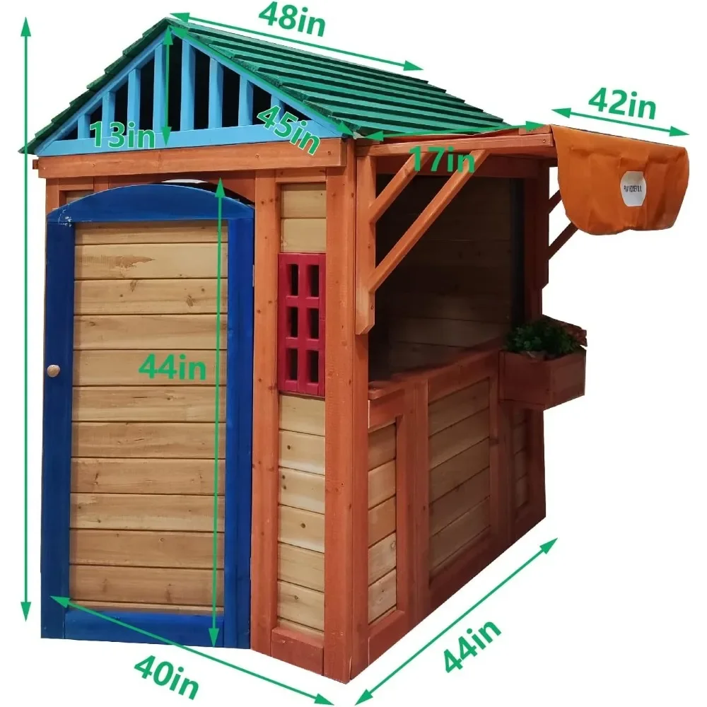 Outdoor Playhouse for Age 3-8 Years Boy Girl, Wooden Cottage Playhouse with 4 Game Awning Window, Ball Wall, Dart Throwing