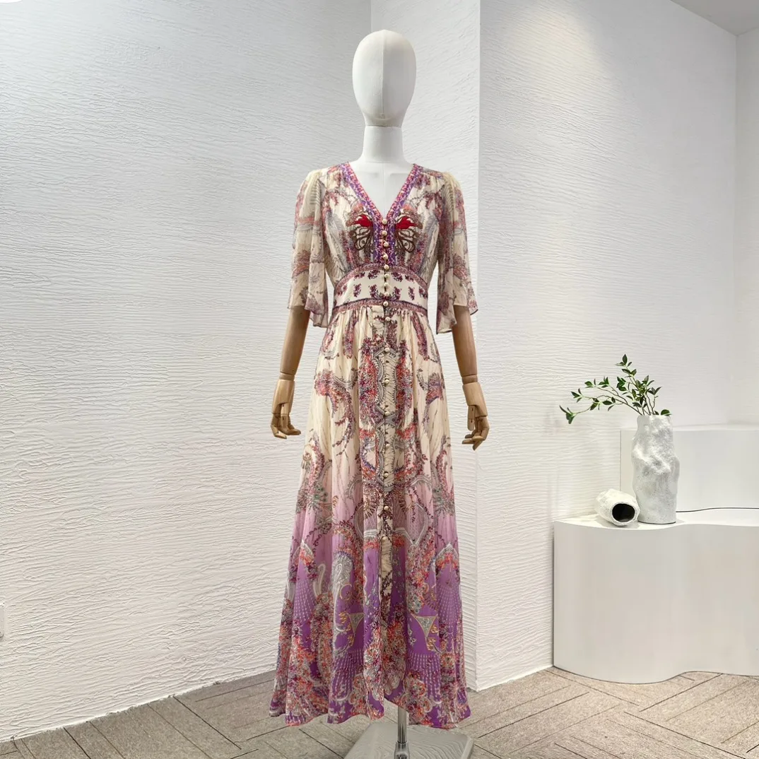 Beige Violet Paisley Floral Print Half Sleeve V Neck Midi Dress