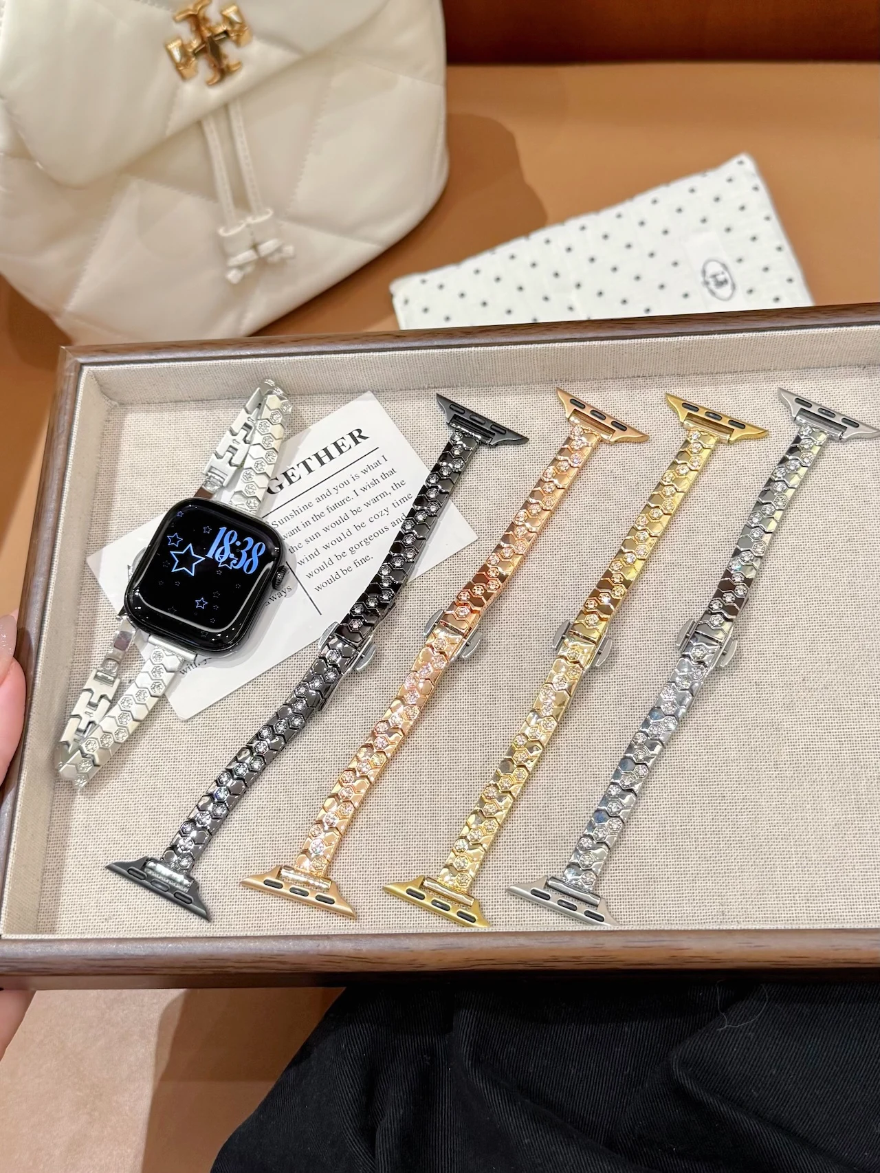 Honeycomb Clover Crystal Paved Strap for Apple Watch 38/40/41/42/44/45/49mm Head-Turning Stackable Wristband for iWatch Series