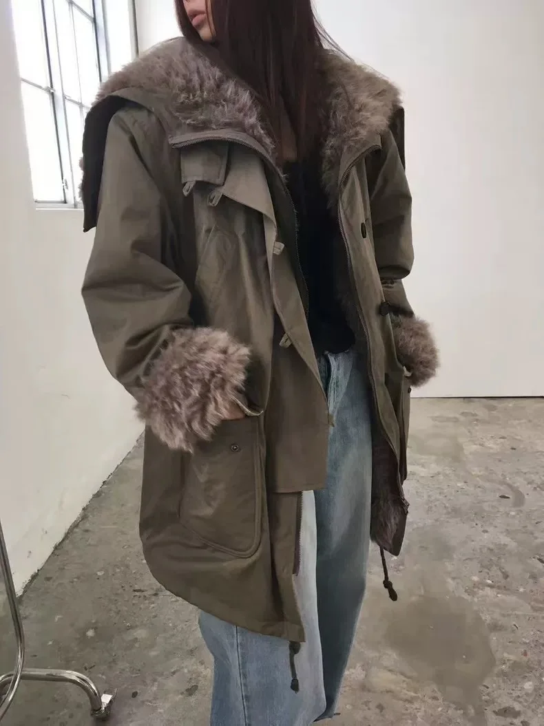 

New Winter 2025 Dongda Gate Workwear Sle Color Blo Large Fur Collar Mid-Length Parka Cotton Jaet Women's Faion