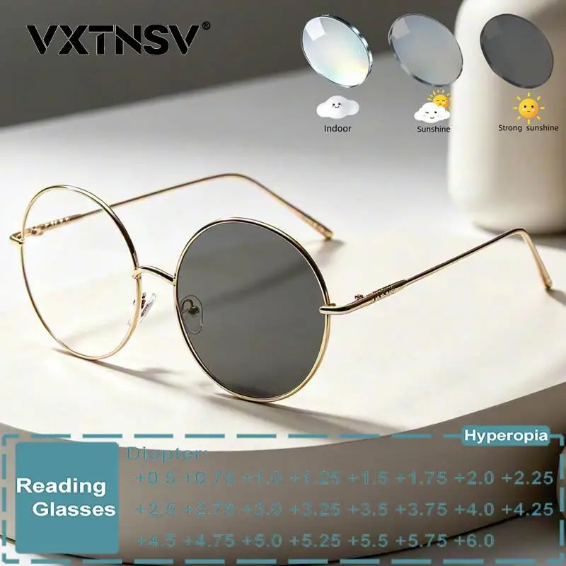 New Circular Large Frame Photochromic Reading Glasses Women Exquisite Metal Frame Anti Blue Light Prescription Optical Eyewear
