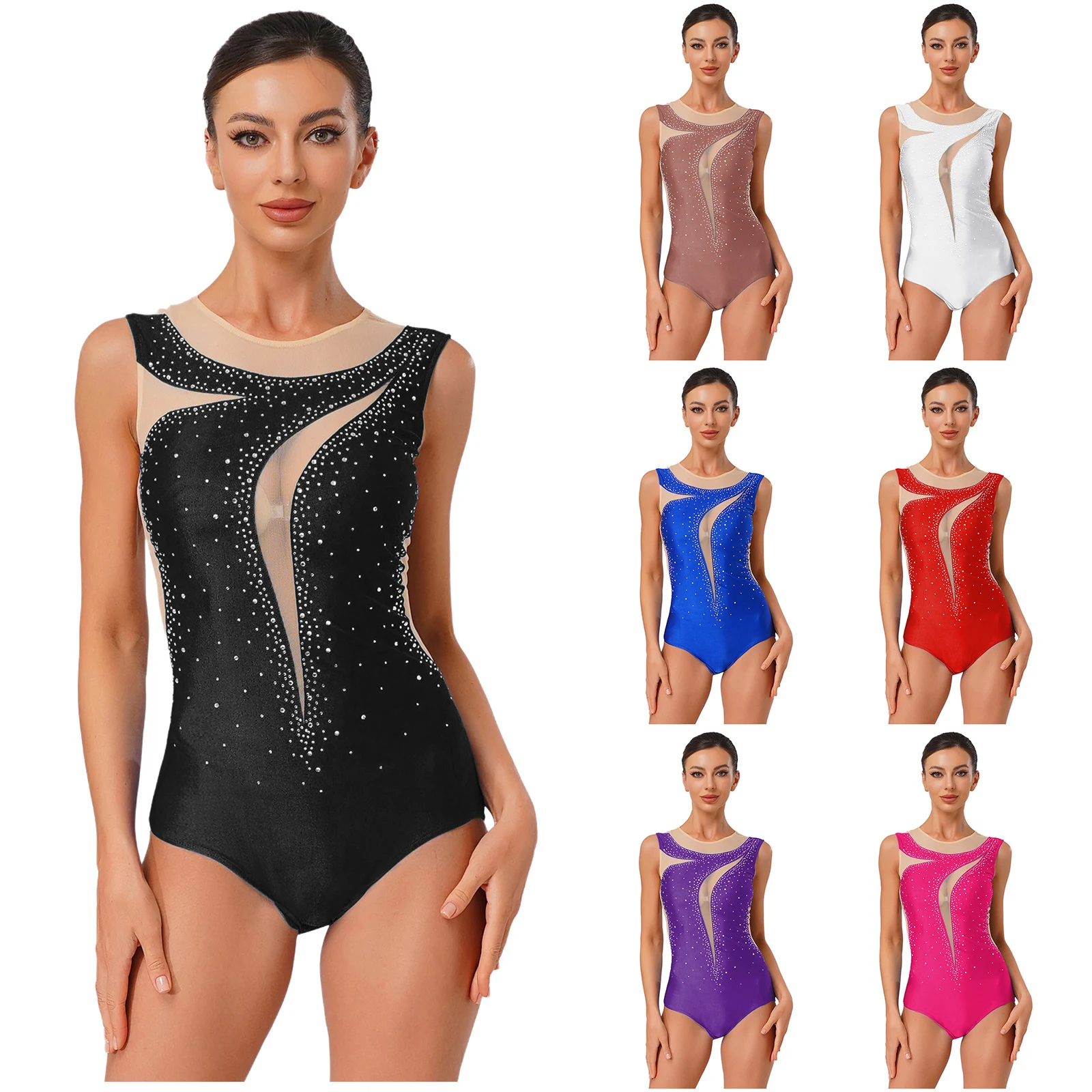 

Women Ballet Dance Gymnastics Leotard Figure Skating Acrobatics Jumpsuit Sleeveless Shiny Rhinestone Mesh Bodysuit Dancewear