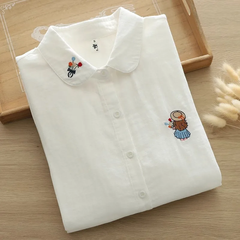 

Pure Cotton Embroidered White Shirt Women's Long Sleeve Spring Autumn Fresh Artistic Japanese Style Button up Blouse
