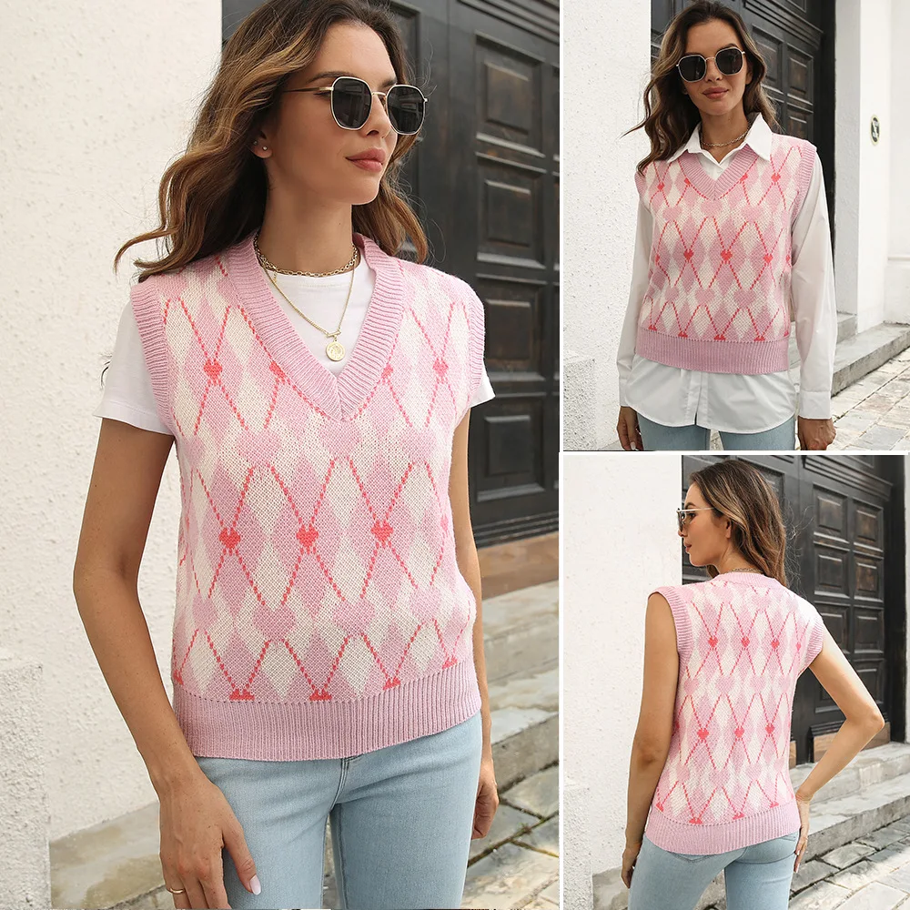 

Y2K love jacquard diamond plaid vest sweater women's vest autumn and winter European and American sweaters new
