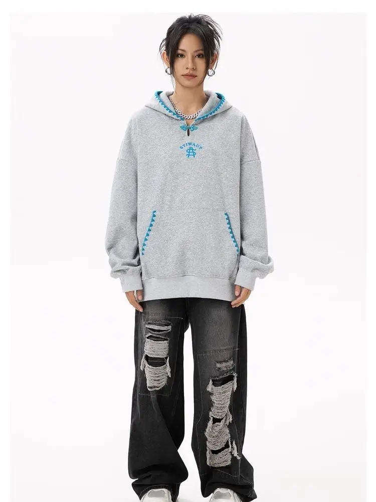 New design sense of Chinese plate buckle hooded sweatshirt autumn pounds fat mm loose design sense of lace hoodie y2k ins emo