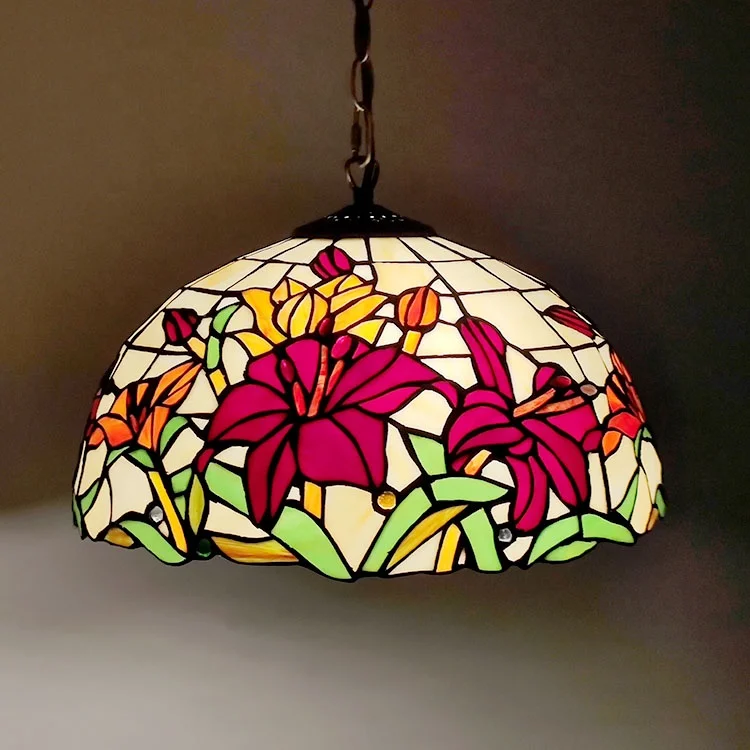 Pendant Light Fixture Red Flower Stained Glass Lampshade Light Hanging Lamp Wide 12 Inch Height 31.5Inch