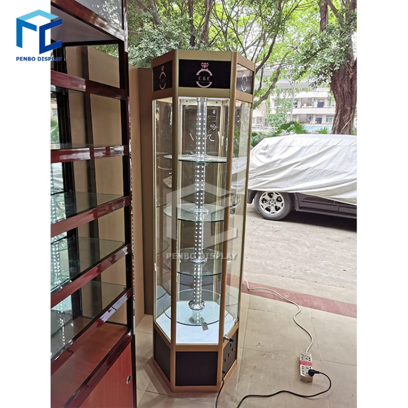 

2025customized.Fashion Design Hexagonal Rotating Glass Display Cabinet /Accessories Display Showcase/Wooden Glass Display Cabine