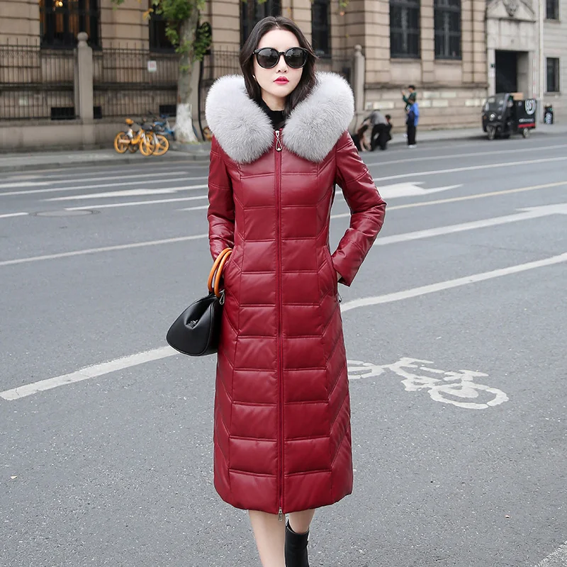 

Pop Leather Down Coat Women Autumn Winter Nice Fashion Hooded Fur Collar Slim Sheepskin Leather White Duck Down Overcoat