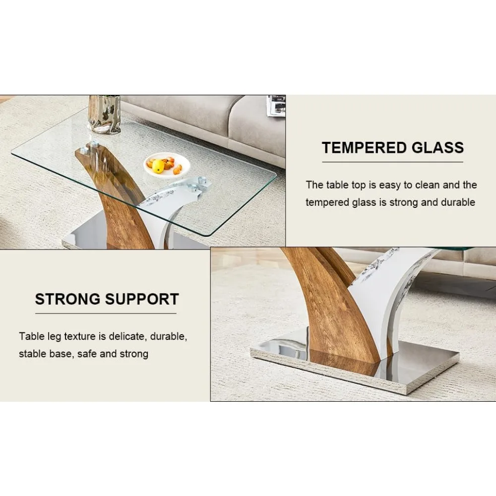 Coffee Table for Living Room, Rectangular Glass Coffee Table, with Two Color Patchwork Creative Wooden Base 39.4" L x 21.6" W x