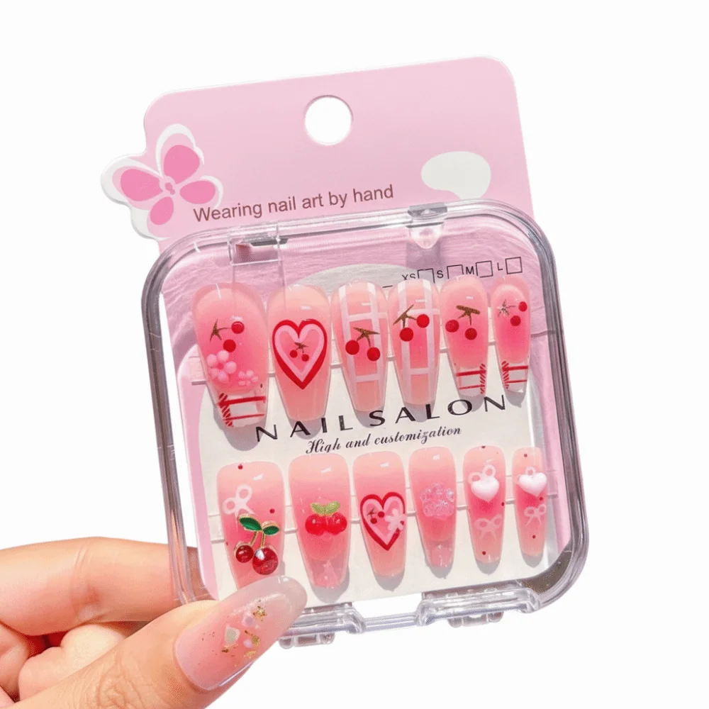 Hot Cartoon Children Wearing Nails Cherry Love Heart Cute Press on Nail Detachable Long Nail Sticker for Girls Students view 2