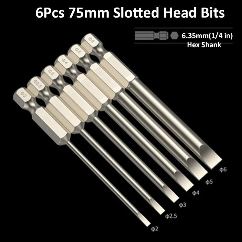 

6Pcs Slotted Screwdriver Bits 50mm 75mm S2 Steel Flat Head Drill Bit 1/4 Inch Hex Shank Magnetic Slotted Bit Power Tool