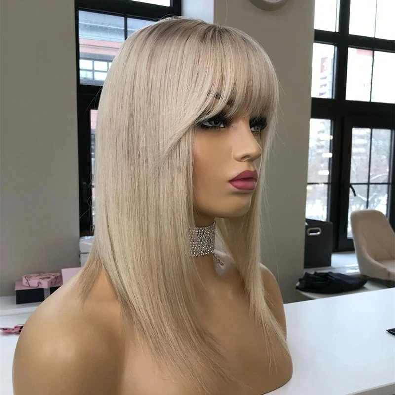 Perruque Bob Lace Front Wig naturelle, cheveux courts, racines foncées, blond platine, 13x4, pre-plucked, avec frange, blond clair