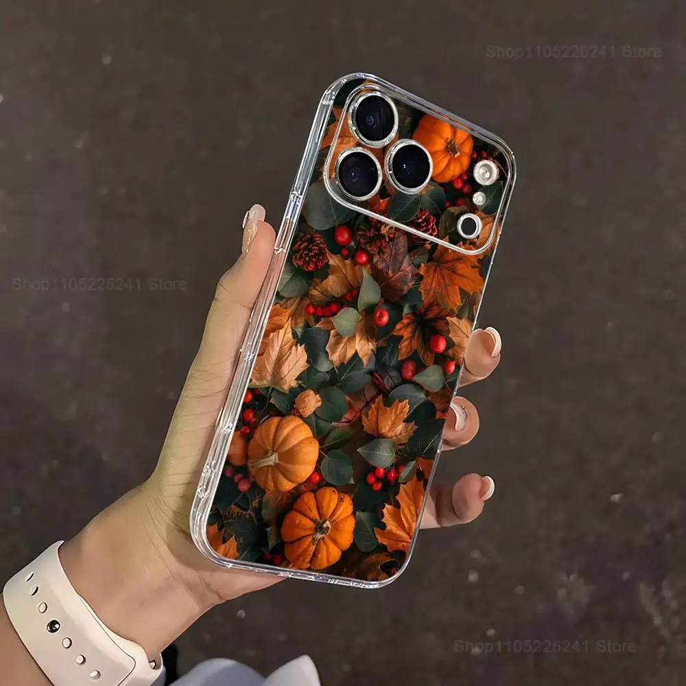 أوراق اليقطين الخريفية آيفون 16,13,12,11,17,14,15,Pro,Max,Plus,X,XS,XR,SE,غطاء سيليكون ناعم شفاف صغير