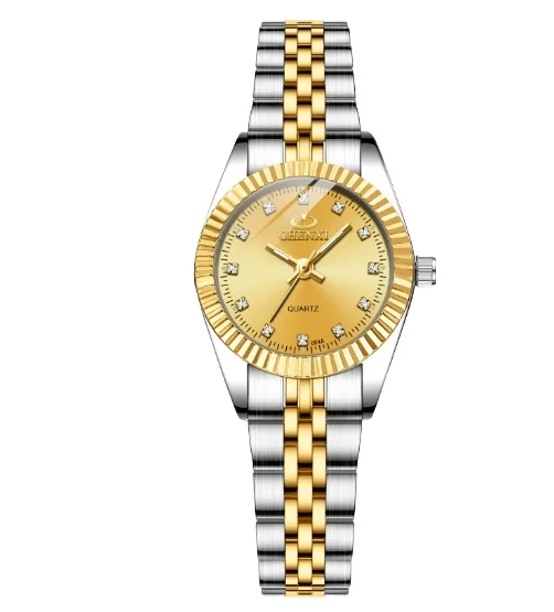 Reloj de pulsera de cuarzo dorado para hombre y mujer, cronógrafo de pulsera de acero inoxidable para pareja, Día de San Valentín