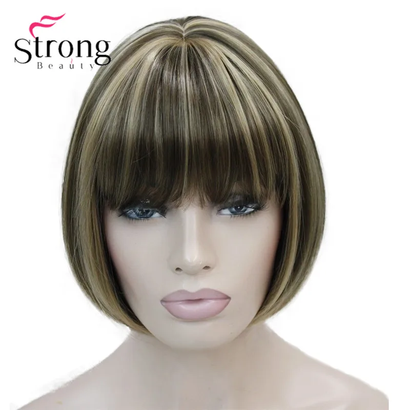 StrongBeauty Llight Brown with Ginger Hilight mix Women' Short Bob Straight full Synthetic Wig For Everyday