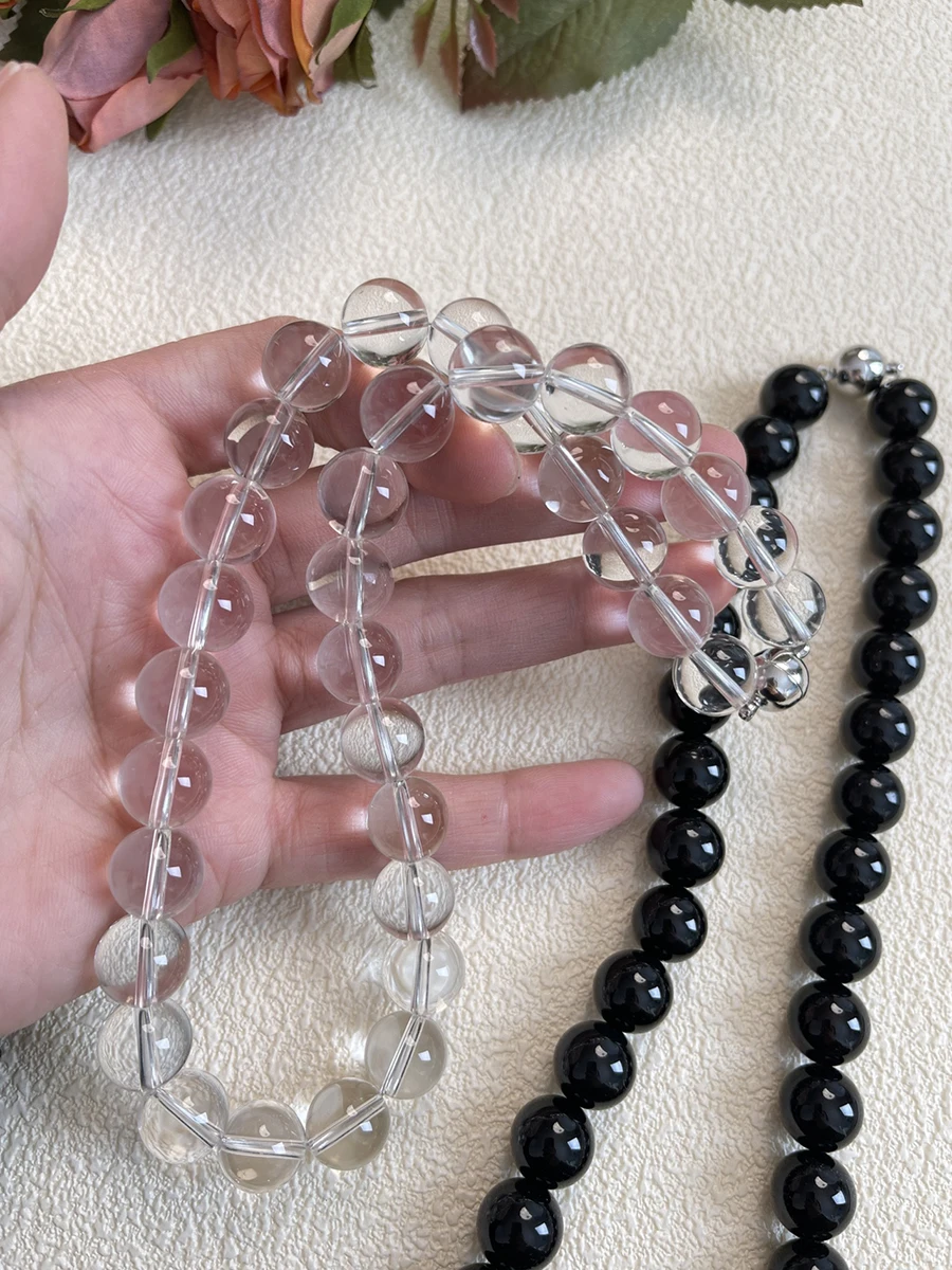 Black agate stone beaded necklace for women transparent ball magnetic clasp necklace minimalist summer holiday jewelry 2023 new