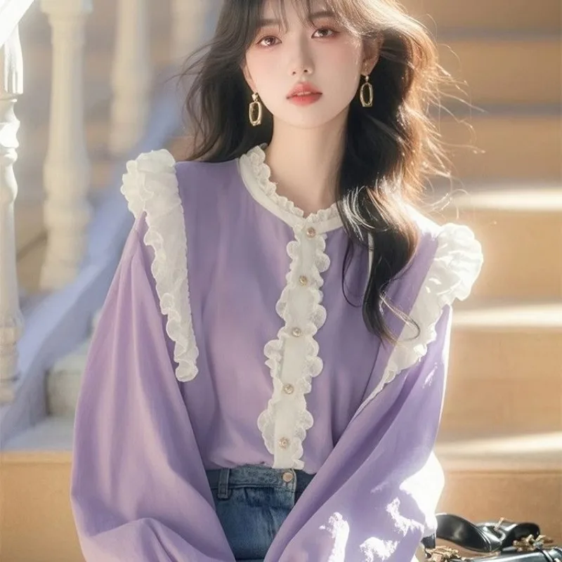 

Фиолетовый кардиган с воротником поло и пуговицами, весна 2026, новая коллекция, персонализированный, свободный крой, с рюшами