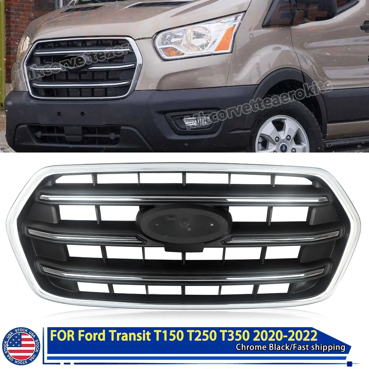 SAIQINGSP Front Bumper Upper Grille W/ Chome Surround For Ford Transit T150 T250 T350 2020-2022 Chrome & Black Car Accessories