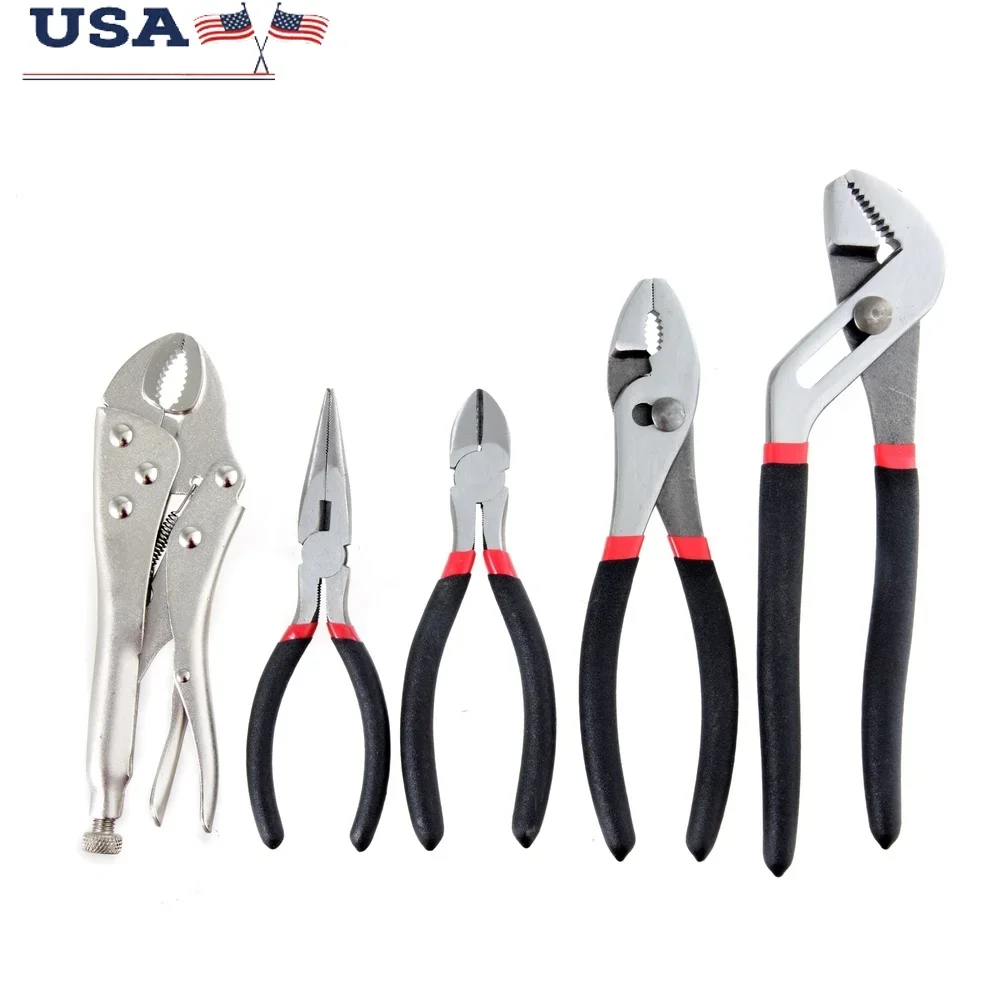 

5pc Assorted Pliers Set Ergonomic Non Slip Handle Carbon Steel Machined Jaws Ideal Cutting Gripping Bending Home Repairs Garden