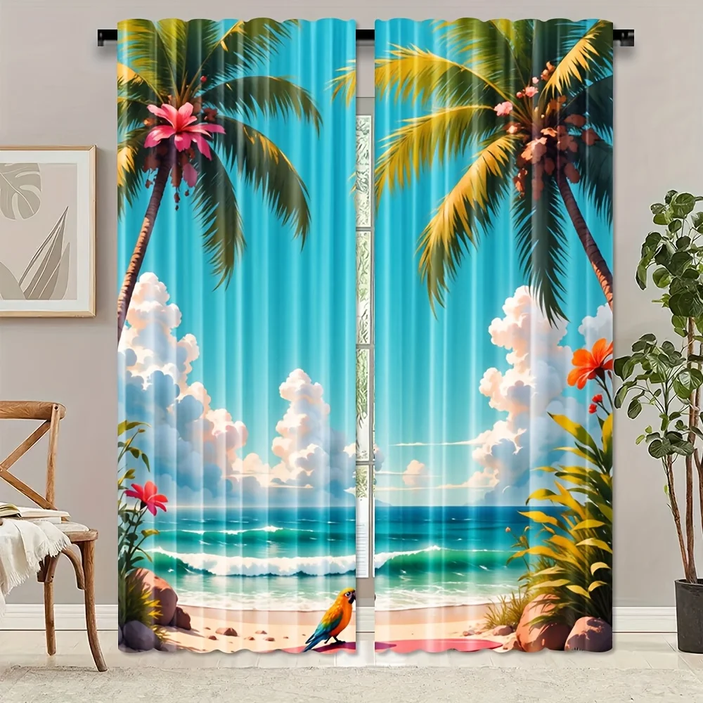 

2 шт. акварельные гавайские пляжные шторы-дизайн тропической пальмы и океанской сцены, 100% полиэстер, полупрозрачный светофильтр, Dra