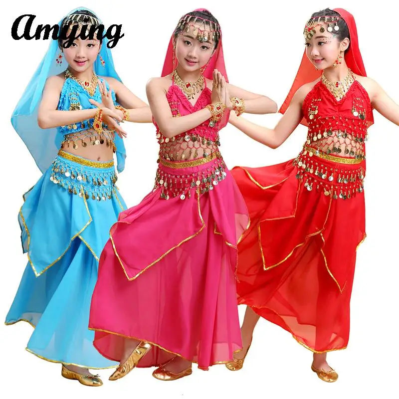 

Children's Belly Dance Performance Costume Set Girls Oriental Indian Dance Practice Clothes Tops+Skirt Kid's Sequin Stage Dress