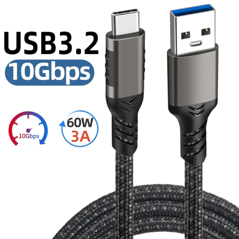 USB3.1 GEN2 10Gbps Cable USB A to Type-C Cable 3A 60W QC3.0 Fast Charging for Samsung NVME Hard Disk External Android Data Cable